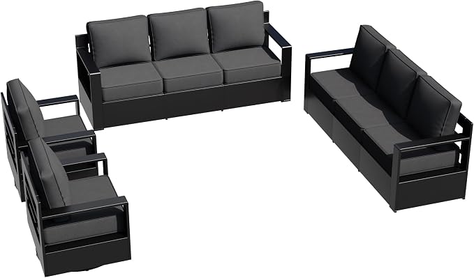 Outdoor Aluminum Furniture Set, 4-Piece Patio Conversation Set, 2 Swivel Chairs and 2 Sofa, All-Weather Metal Frame, 6" Thick Removable Cushions, Deep Setting for Garden, Poolside and Porch