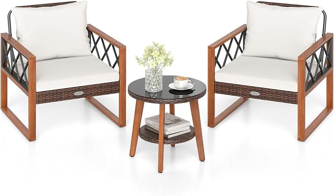 Tangkula 3 Pieces Patio Wicker Furniture Set with Acacia Wood Frame, Outdoor Conversation Cushioned Chairs and 2-Tier Tempered Glass Coffee Table for Porch, Balcony, Garden and Backyard (Off White)