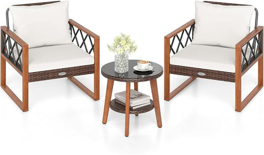 Tangkula 3 Pieces Patio Wicker Furniture Set with Acacia Wood Frame, Outdoor Conversation Cushioned Chairs and 2-Tier Tempered Glass Coffee Table for Porch, Balcony, Garden and Backyard (Off White)
