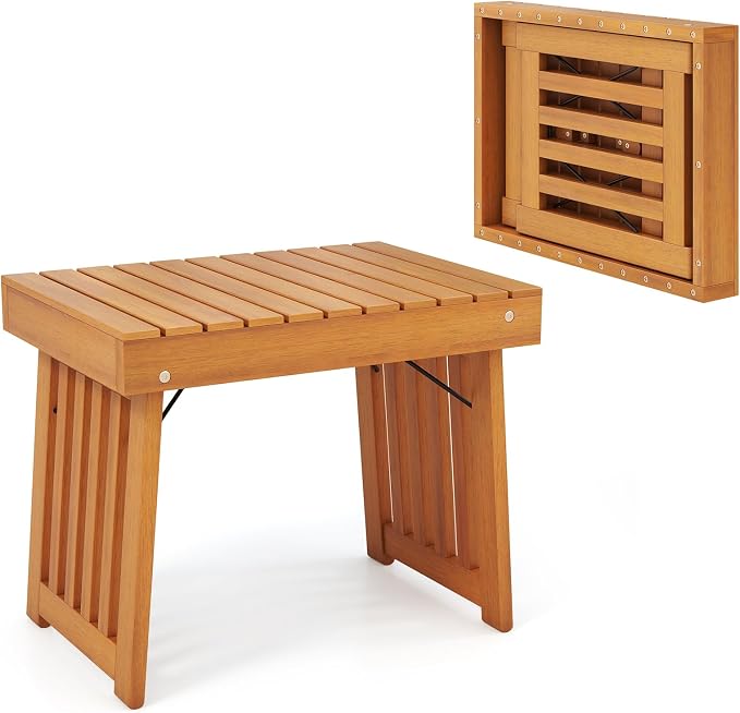Tangkula Patio Foldable Side Table, Outdoor Folding Acacia Wood Coffee Table w/Slatted Tabletop, Portable Patio Table for Backyard, Poolside, Balcony (1)