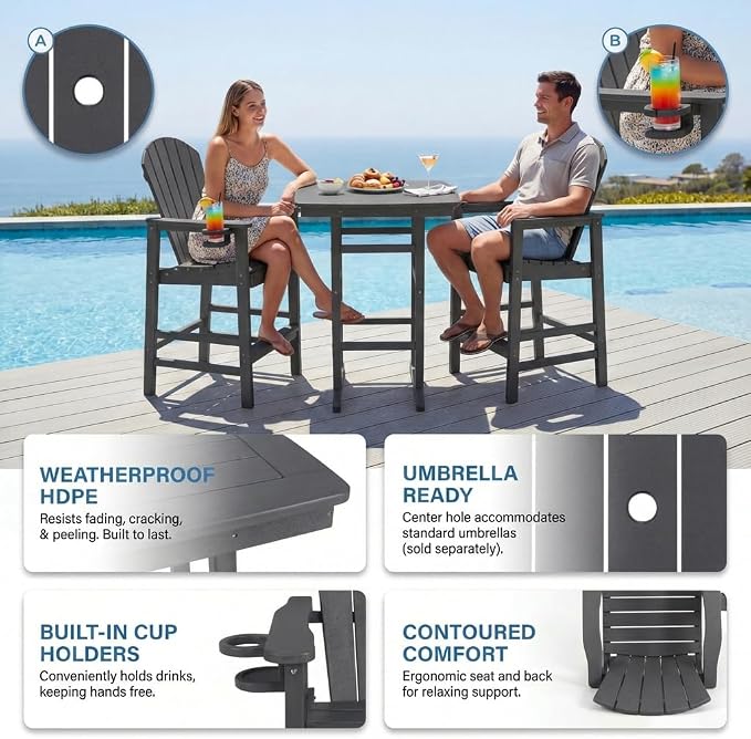 3-Piece HDPE Bar Height Table and Chairs Set, 42.1" Square High Top Pub Table with Umbrella Hole, 2 Adirondack Charis with Cup Holders, Outdoor Patio Dining Set for Bistro Backyard Deck Gray