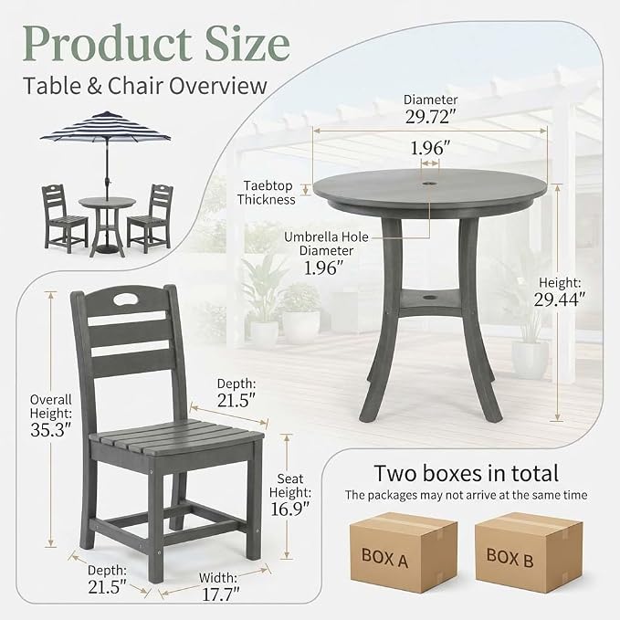 WILLIAMSPACE 29.72" 3-Piece Patio Dining Set, Outdoor All Weather HDPE Round Dining Table with Umbrella Hole & 2 Chairs, Patio Bistro Set for Backyard, Balcony, Lawn, Poolside, Kitchen (Grey)