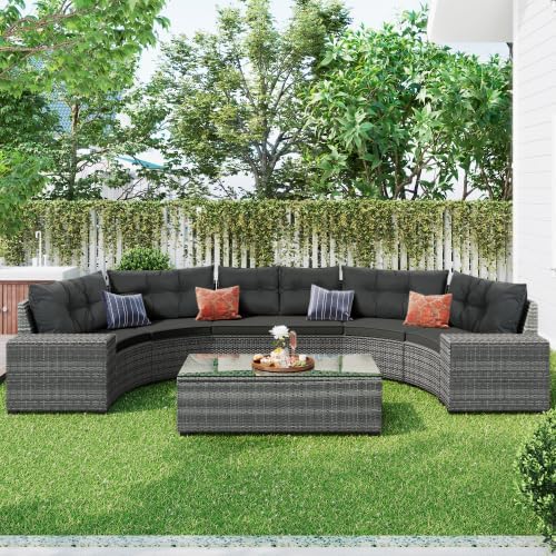 LUMISOL 8-Piece Outdoor Half-Moon Curved Sofa Set, Outdoor All-Weather Wicker Patio Conversation Set with Coffee Table and End Tables for Porch,Backyard, Gray