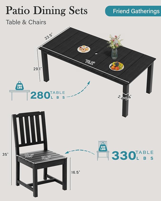 LOUNZY 7 Piece Patio Dining Set for 6, Outdoor Table and Chairs,Black | 75.2” table,6 seat patio dining set, HDPE wood-look, fade resistant and waterproof, low maintenance outdoor furniture
