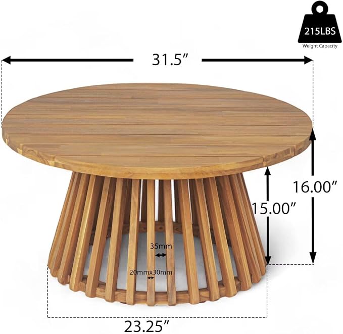 JIJIWANG 31.5" Outdoor Acacia Wood Patio Coffee Table for 2-4 Person, Round Coffee Table for Backyard, Lawn, Balcony, Teak Finish