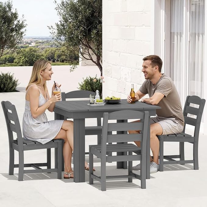 KINGYES 5-Piece HDPE Outdoor Dining Set for 4, Square Patio Table & Armless Chairs with Umbrella Hole, All-Weather Patio Dining Set for Backyard, Garden, Lawn & Poolside, Gray