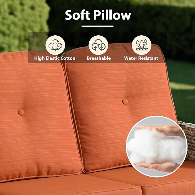 8 Pieces Patio Sectional Furniture Set, Outdoor Wicker Sectional Couch with High Back Swivel Rocker Chairs Solar Lights Table, Modern Conversation Set for Porch Balcony Backyard, Orange