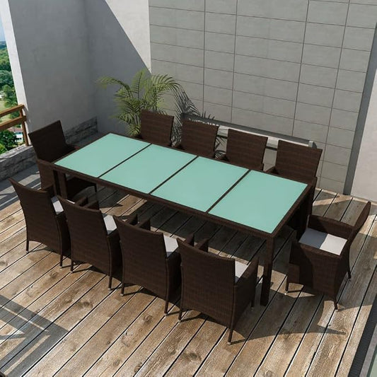 11 Piece Patio Dining Set with Cushions Poly Rattan Brown Outdoor Garden Furniture Table and 10 Chairs Weather Resistant for Al Fresco Dining Relaxing Glass Top Steel Frame Cream White