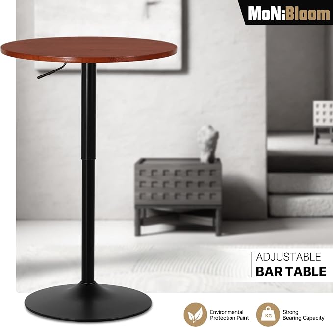 MoNiBloom Round Bar Table Adjustable Height, BistroTable with Black Leg and Base Pub Table 360° Swivel for Living Room Dining Room Bistro Cafe, 23.5" Diameter Red Wood Texture Top Cocktail Tables