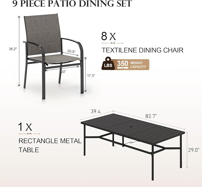 HERA'S HOUSE 9pc Outdoor Patio Dining Set for 8, Textilene Chairs, Brown | 83" Rectangular Metal Table with umbrella hole. Waterproof, rust-resistant, all-weather for backyard, porch
