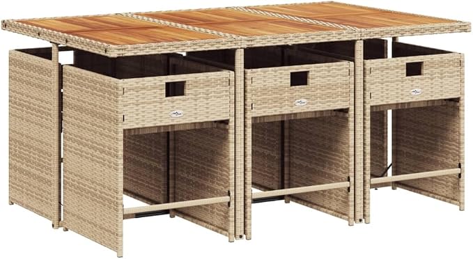 7 Piece Outdoor Dining Set, PE Rattan Patio Furniture with Acacia Wood Table and 6 Foldable Chairs, Comfortable Cushioned Seats for Garden Backyard Balcony