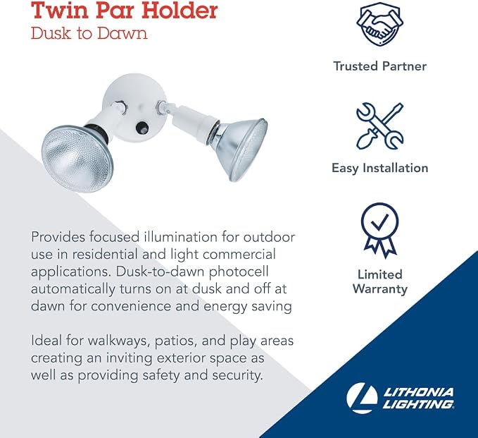 Lithonia Lighting Dusk-to-Dawn Twin Par Outdoor Flood Light Holder, White | Adjustable Security Light, Photocell Sensor, 120 Volts, Uses 2 Lamps Up to 150W (Not Included) (OFTH 300PR 120 P WH M12)