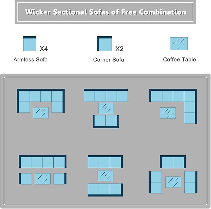 COSTWAY 7 Pieces Patio Furniture Set, Outdoor Rattan Conversation Set with 6 Seats, Coffee Tea Table, Soft Cushions, Wicker Patio Sectional Sofa for Garden Balcony Porch Poolside, Black