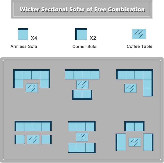 COSTWAY 7 Pieces Patio Furniture Set, Outdoor Rattan Conversation Set with 6 Seats, Coffee Tea Table, Soft Cushions, Wicker Patio Sectional Sofa for Garden Balcony Porch Poolside, Turquoise