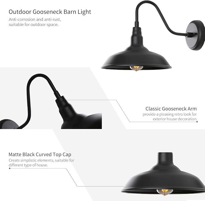 10in Dome Outdoor Barn Light with Wall Mount 2 Pack Black Exterior Gooseneck Lights Farmhouse Style Outdoor Barn Wall Lights Garage Outside Wall Sconce for House, Porch, Patio, Yard