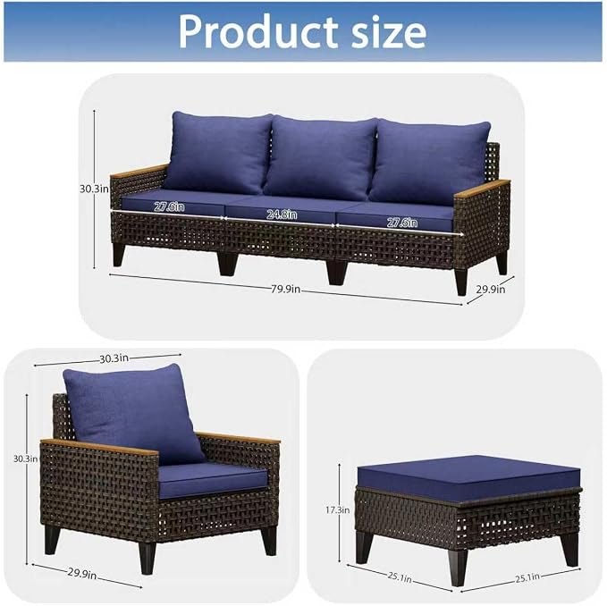 14 Piece Patio Furniture Set, All-Weather Wicker Rattan Outdoor Sectional Sofa Set with High Back and Thick Cushions, Large Conversation Set for Garden, Porch, Poolside, Blue