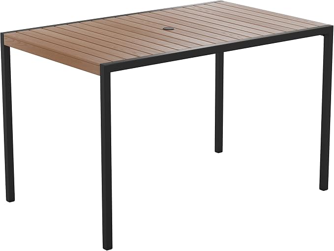 EMMA + OLIVER Outdoor Steel Dining Table with Umbrella Hole - Faux Teak Poly Slatted Top - Black Frame - 30x48 Table Seats up to 4 Adults