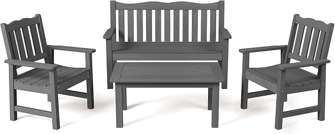 Stoog 4-Piece Outdoor & Patio Furniture Set, All-Weather HIPS Bench Chairs and Table Set, Grey