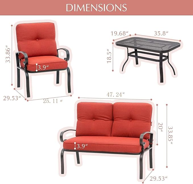5Pcs Patio Conversation Set Outdoor Wrought Iron Furniture Set with 1 Glider,1 Loveseat, 2 Single Chairs, and Coffee Table, for Courtyard, Garden, Backyard(Red)