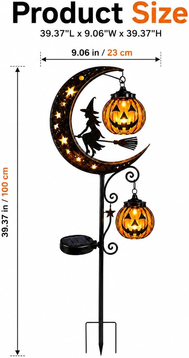 Solar Halloween Black Witch & Pumpkin Moon Garden Stake Light, Outdoor Waterproof LED Yard Decoration with Crescent Moon, Hanging Jack-o'-Lantern Lantern for Garden, Patio, Walkway, Porch(Style E)