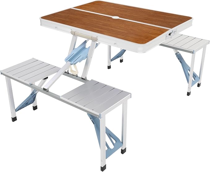 Picnic Table,Folding Picnic Table with Umbrella Hole, Aluminum Suitcase Portable Outdoor Table with Bench, Patio, Porch or Camping Table and Chair Set (Wood Color, Aluminum Alloy)