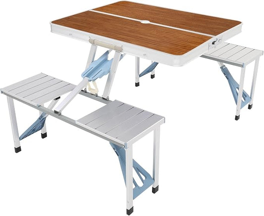 Folding Picnic Table with 4 Seats and Umbrella Hole, Portable Camping Picnic Table Set, Folding Lightweight Suitcase Card Table for Barbecue, Travel, Outing, Gathering