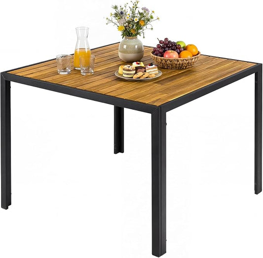 Tangkula 36" Square Patio Dining Table for 4, Acacia Wood Outdoor Table with Slatted Top, 1.97" Umbrella Hole and Heavy Duty Metal Frame, Outside Table for Porch, Garden, Backyard, Deck and Poolside