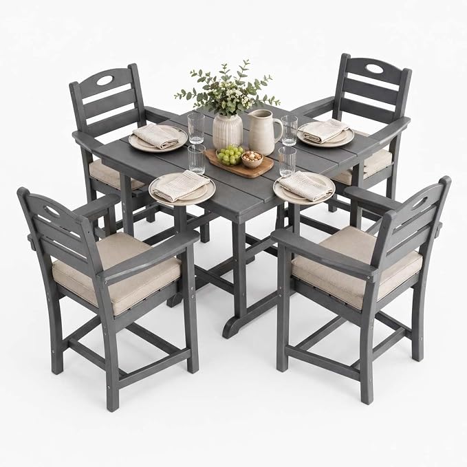 WILLIAMSPACE 37.8" Outdoor Patio Dining Set with 4 Armchairs, All Weather HDPE Square Dining Table with Umbrella Hole, Patio 5-Piece Bistro Set for Backyard, Balcony, Lawn, Kitchen (Gray)