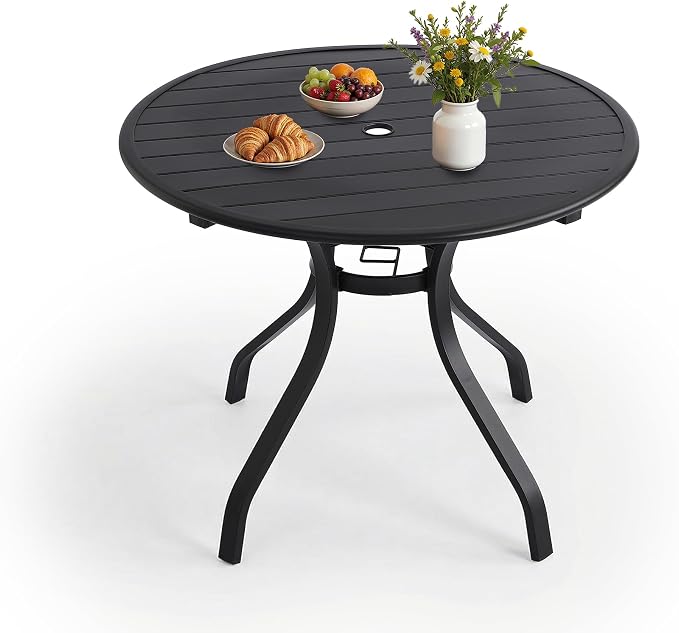 LVUYOYO Outdoor Round Patio Dining Table, Metal Round Table with Umbrella Hole, All-Weather Furniture for Backyard, Garden, Balcony, Porch (Black)