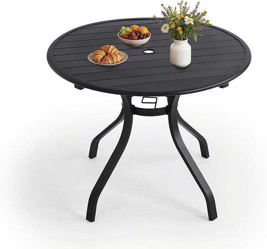 LVUYOYO Outdoor Round Patio Dining Table, Metal Round Table with Umbrella Hole, All-Weather Furniture for Backyard, Garden, Balcony, Porch (Black)