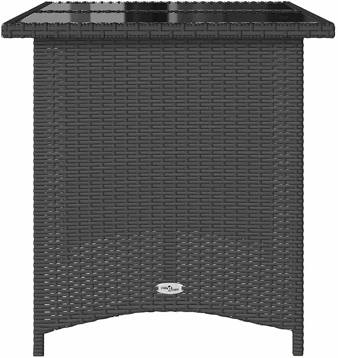 Black Poly Rattan Patio Table with Tempered Glass Top, 43.3x26.8x27.6 Inch Rectangular Outdoor Table for Garden