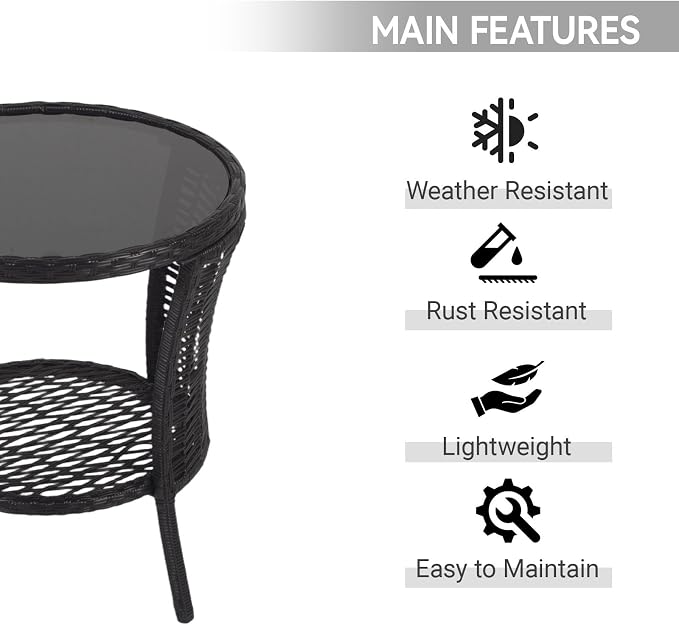 Kinfant Round Outdoor Wicker Side Table - with Tempered Glass Top, Patio End Table with Unique Shape, Storage Shelf for Balcony, Porch, Deck, Garden, Weather-Resistant Rattan, Easy Assembly