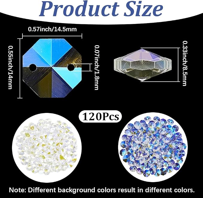 1 Box 120Pcs 14mm Glass Octagon Crystal Beads Crystal Suncatcher Beads with 2 Hole Clear AB Suncatcher Supplies Chandelier Replacement Connector Spacers for DIY Lamp Hanging Pendant Jewelry