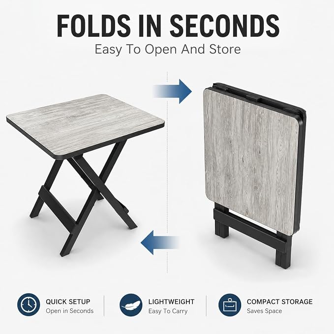 19 Inch Plastic Folding Camp Side Table, Portable Indoor Outdoor Accent Table, Gray Wood Grain Finish, Foldable Utility Table for Camping, Patio, and Backyard Use