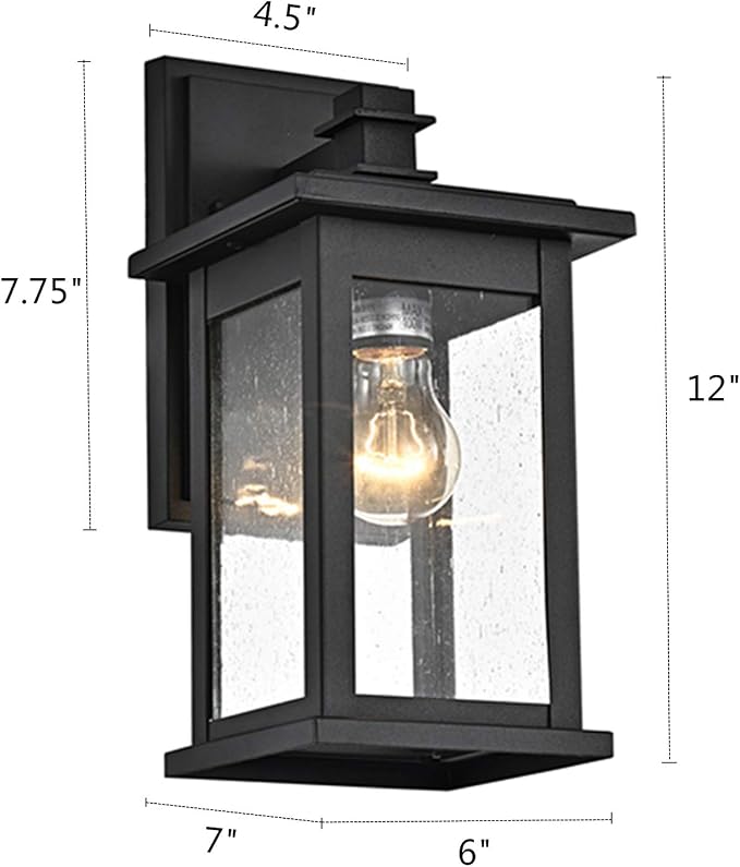 MICSIU 2 Pack Matte Black Outdoor Wall Sconce, 12 Inch Vintage Farmhouse | Square Exterior Light Fixtures with Clear Seedy Glass, Waterproof Outside Wall Mountnt Light for House, Porch, Garage