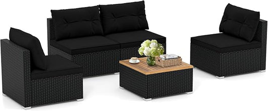 RELAX4LIFE 5-Piece Wicker Outdoor Furniture - PE Rattan Sectional Conversation Set w/4 Armless Sofas & Acacia Wood Coffee Table, Cushioned Patio Sofa Set for Garden Poolside Backyard Porch (Black)