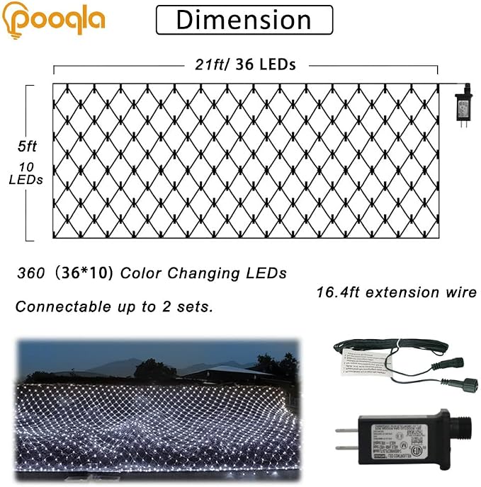 Pooqla Cool White Net Lights, 21x 5ft Christmas Lights Outdoor Green Wire | 360 LED Large Net Mesh Lights Plug in, 8 Modes Waterproof Connectable Bushes Lights for Christmas Hedge Yard Decor