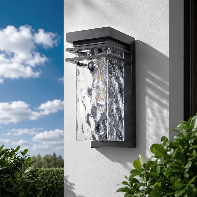 Modern Outdoor Wall Light Exterior Sconce with Dusk to Dawn | Black,Water Seeded Glass,Open Bottom,Outside Porch Lighting Fixture,E26