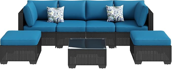 AECOJOY 7 Piece Outdoor Patio Furniture Set, Outdoor Sectional Conversation Furniture Chair with Coffee Table, Patio Sectional for Backyard, Garden(Peacock Blue Cushion and Black Rattan)