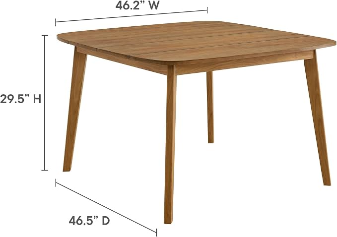 Modway Vienna Outdoor Patio Teak Wood 46 Inch Square Dining Table in Natural – Weather-Resistant Breakfast Table with Rounded Corners – Bistro Table for 4 People – Small Outdoor Dining Table