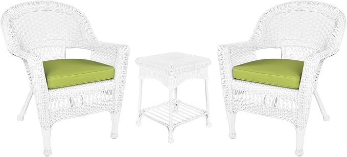 Jeco 3 Piece Wicker End Table Set with with Green Chair Cushion, White