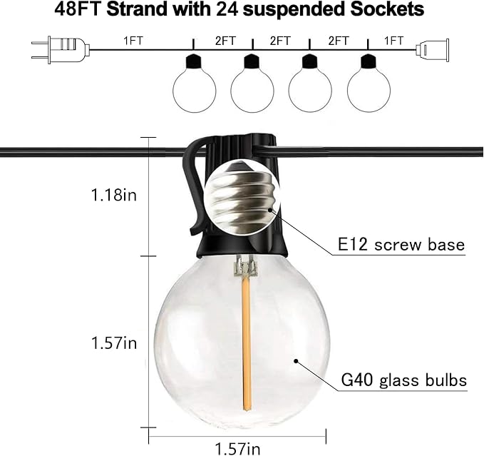 50FT G40 Globe String Lights with 26 Dimmable Plastic Bulbs, 2700K Waterproof Outdoor LED Lights for Patio, Porch, Cafe, Backyard, E12 Screw Base