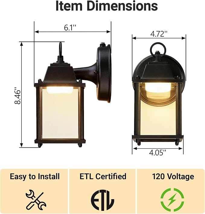 Outdoor Wall Light Fixture Dusk to Dawn, Rustproof Aluminum, LED | Exterior Porch Light Wall Sconce Lantern for House, Patio, Garage, Waterproof, Glass, 9.5W 800 Lumen, 3000K, Black, 2 Pack