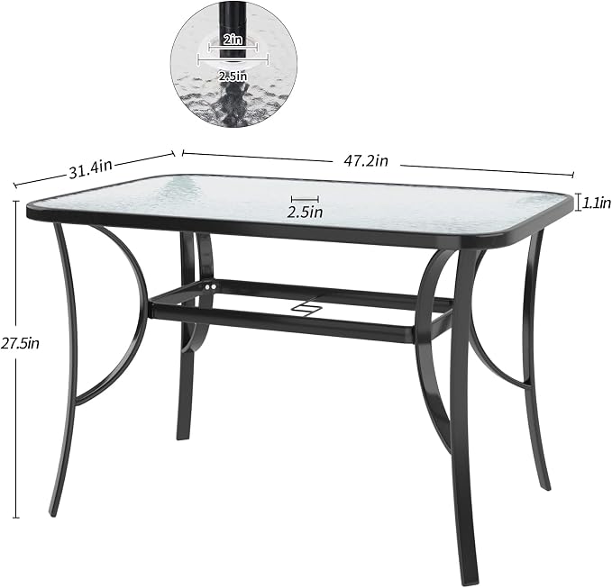 SogesHome 47 Inch Rectangle Tempered Glass Patio Dining Table Patio Table Coffee Table Dining Bistro Table, for Outdoor Garden Balcony Backyard Poolside Lawn, with Umbrella Hole, Black