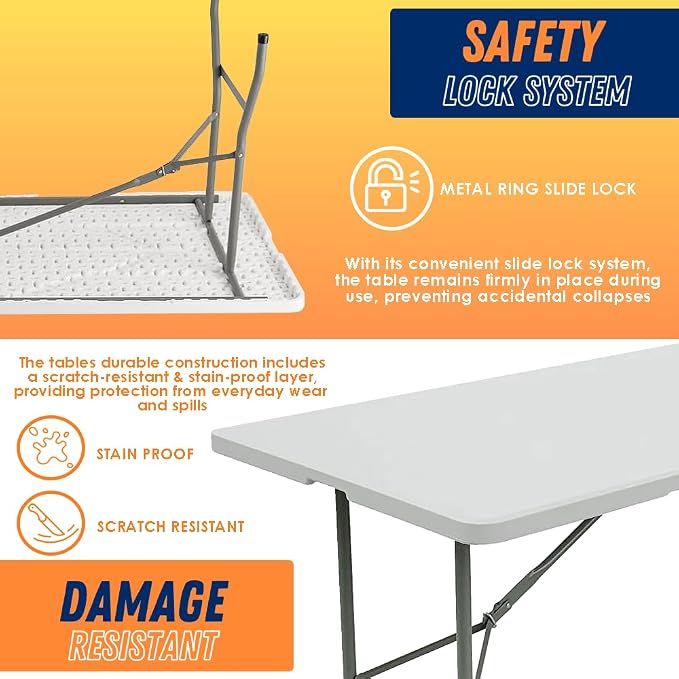 Combo 8FT Folding Table with 2-Pack Folding Chairs Indoor Outdoor Heavy Duty Portable Folding Plastic Dining Table w/Handle, Lock for Picnic, Party, Camping - White (8ft)
