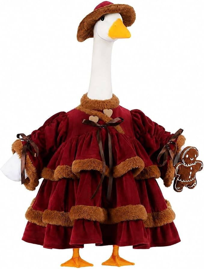 STONESTAR Christmas Porch Goose Outfits for 23" High Cement Plastic Lawn Goose Statue, Vintage Gingerbread Velvet Tiered Dress Goose Costume for Patio Yard Xmas Santa Holiday Decor