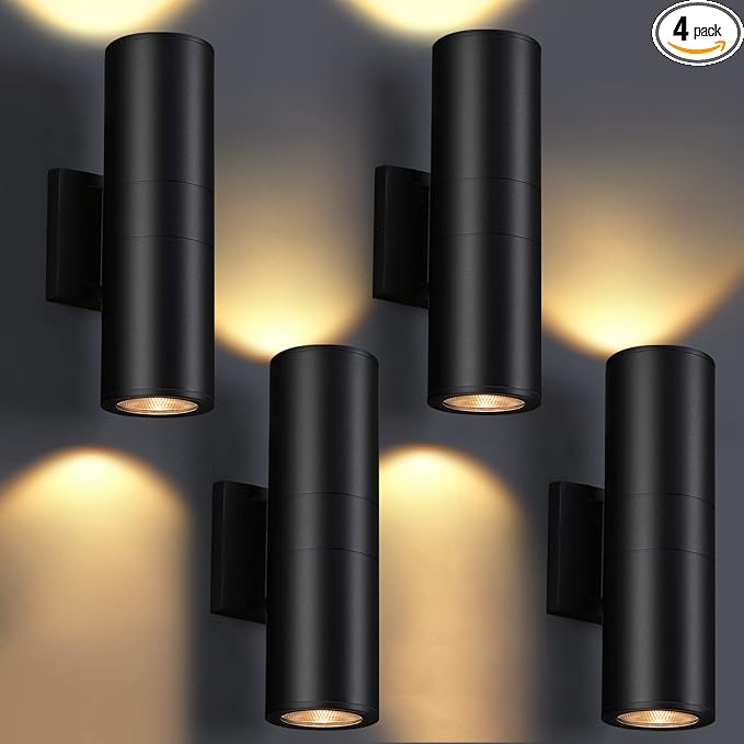 DAKAFUL Outdoor Wall Lights 4Pack, Integrated LED Cylinder Up Down Lights, 12W 2700K Aluminum Exterior Wall Light, Outdoor Light Fixture for Porch Patio Door.(Matte Black)