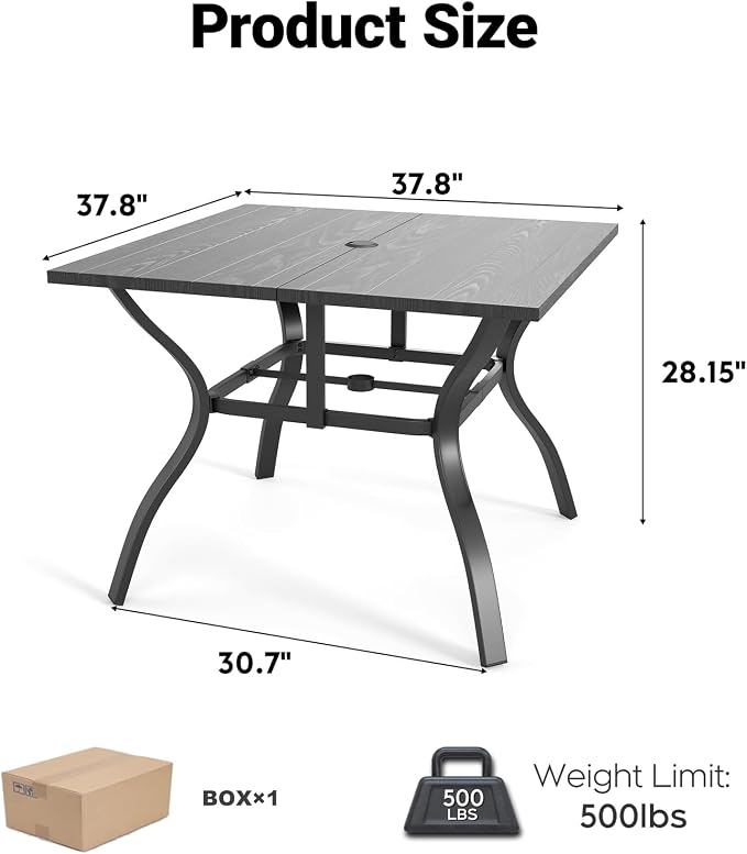 5 Piece Patio Dining Set, Stackable Outdoor Chairs Set of 4 with Textilene Fabric, 37.8" Wood-Grain Square Table with Umbrella Hole for Backyard Lawn Party (1 Table + 4 Chairs) (Brown)