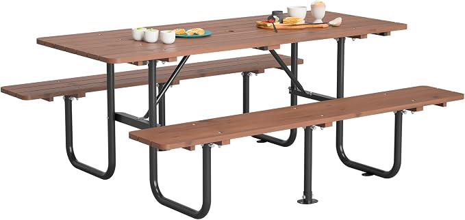 72" 6-Person Wooden Picnic Table, Outdoor Dining Table with Built-in Benches, Metal Leg, Weatherproof Wood Desktop, Heavy Duty with Umbrella Hole for Backyard (Brown+black, 72" Rectangle（6-Person）)