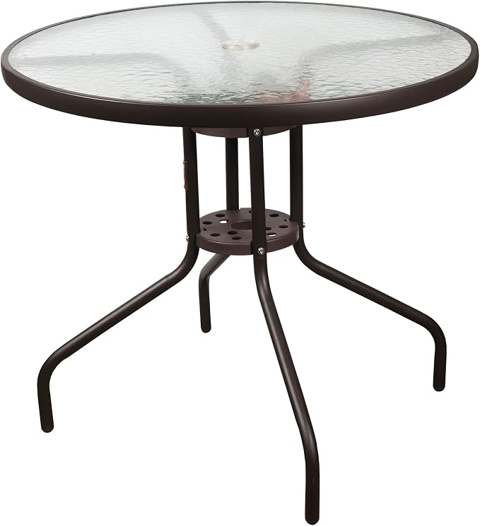 Garden Elements Outdoor Patio Furniture, Round Dining Table, Steel Base and Rim with Water-Wave Glass Top, Brown, 31.5"